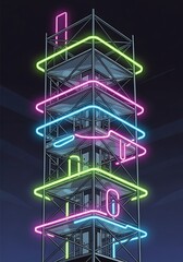 Futuristic telecommunications tower with vibrant neon signage at dusk