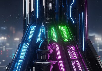 Futuristic metropolis structure with vibrant neon lighting and dark framework
