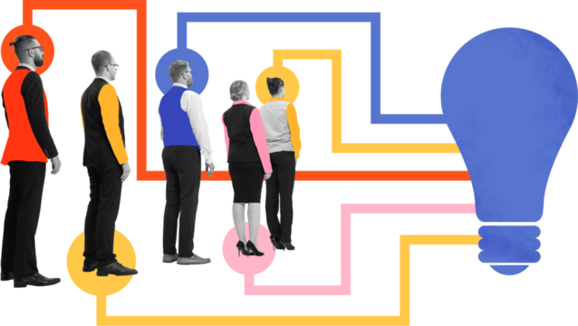 Bright collage of business team walking toward light bulb through abstract network on transparent background. Concept of innovation, direction, teamwork, and creative solution flow.