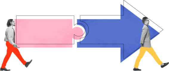 Graphic collage showing two business people connecting puzzle and arrow on transparent background. Concept of teamwork, partnership, strategic link, and business connection visuals.