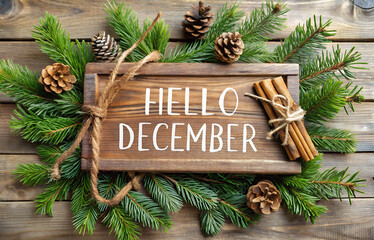 Hello December sign with rustic wooden background and pine cones