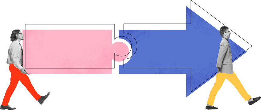 Graphic collage showing two business people connecting puzzle and arrow on transparent background. Concept of teamwork, partnership, strategic link, and business connection visuals.