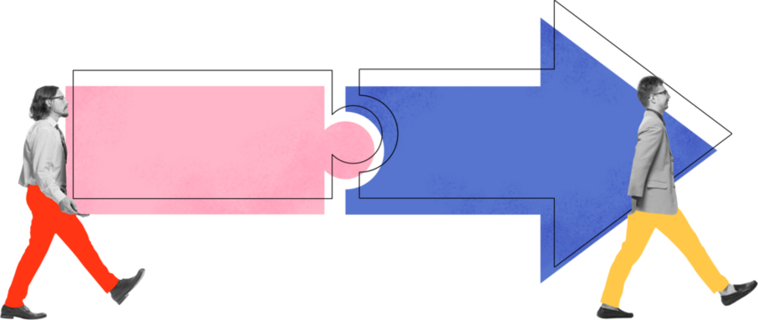 Graphic collage showing two business people connecting puzzle and arrow on transparent background. Concept of teamwork, partnership, strategic link, and business connection visuals.