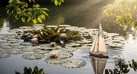 Gentle voyage on serene lake with water lilies and sunbeams light