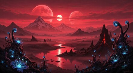 Alien Red Planet Landscape with Twin Moons and Bioluminescent Flora