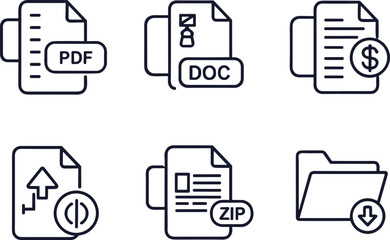 Digital file icons, PDF DOC ZIP folder, upload download symbols, billing document, data report, vector interface graphic set