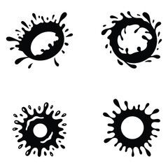 Black circular ink splash silhouettes, isolated on white background for abstract and creative design use.