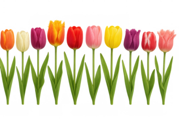 Line of nine colorful tulips with green stems, symbolizing spring, gardening, and natural beauty on transparent background
