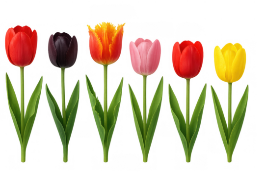 Colorful blooming tulips in a row, featuring red, black, orange, pink, and yellow varieties, transparent background