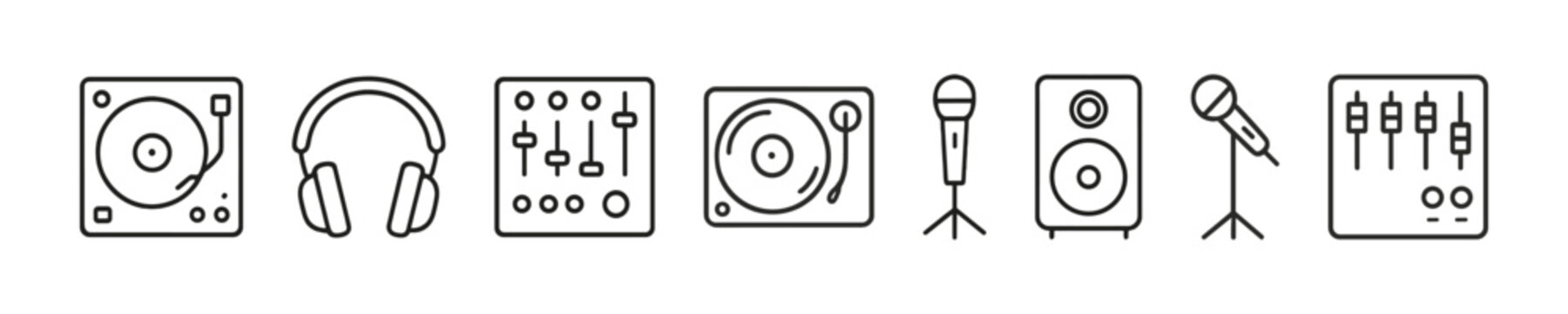 Minimalistic dj and audio equipment icons set with turntable and microphone