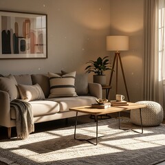 Inviting interior with sunbeam through window and modern wooden furniture