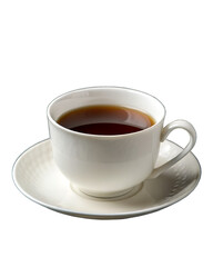 Naklejka premium A white porcelain cup filled with dark coffee, placed on a matching saucer. The background is transparent, ideal for mockup use.