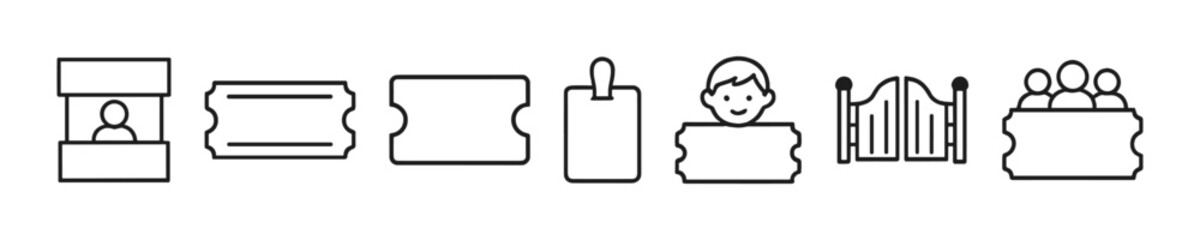 Fototapeta premium Line art of ticket booths, tickets, clipboard, person, gates, and group icons