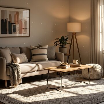 Inviting interior with sunbeam through window and modern wooden furniture