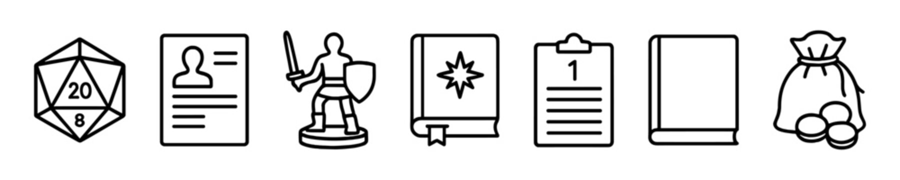 Icons of rpg items: dice, character sheet, miniature, spellbook, quest list, tokens