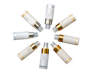 Eight cosmetic bottles arranged in a circular pattern. The bottles have white and gold designs, isolated on a transparent background for mockup use.