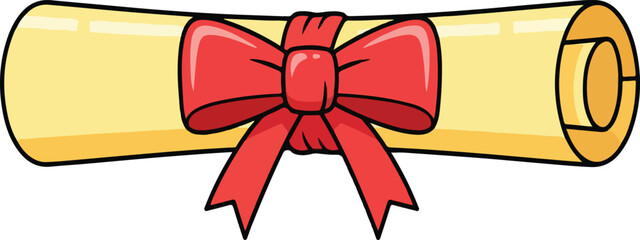 Cartoon illustration of a rolled diploma or scroll tied with a bright red bow.