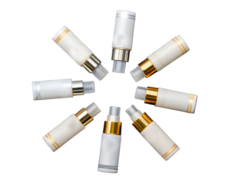 Eight cosmetic bottles arranged in a circular pattern. The bottles have white and gold designs, isolated on a transparent background for mockup use.