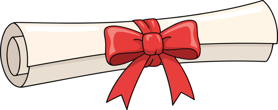 Cartoon illustration of a rolled diploma or certificate tied with a bright red bow. - Powered by Adobe