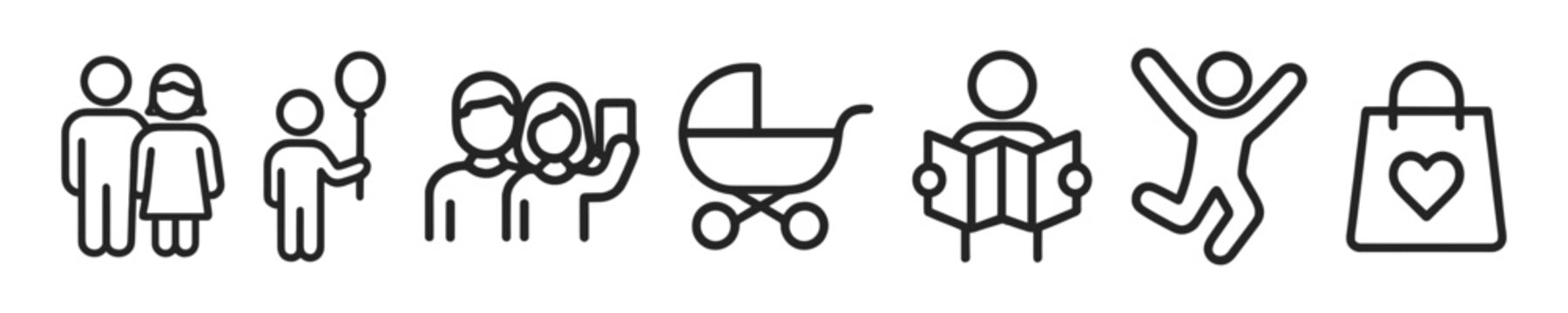 Family outing icons: group, selfie, stroller, map, jumping, shopping
