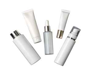 Five cosmetic containers in various shapes and sizes on a transparent background. Includes tubes and bottles, ideal for mockup designs.