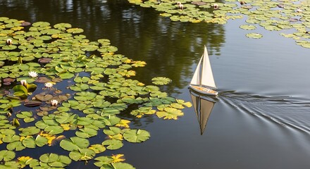 Miniature sailboat navigates a serene pond adorned with water lilies