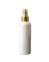 A white spray bottle with a gold pump cap on a transparent background. Ideal for product mockups and packaging designs.