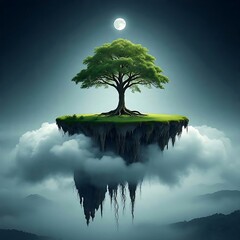 tree, sky, nature, landscape, sun, green, night, sunset, blue, illustration, silhouette, grass, abstract, spring, water, clouds, summer, sunrise, moon, vector, lonely, horizon, environment, cloud, sce