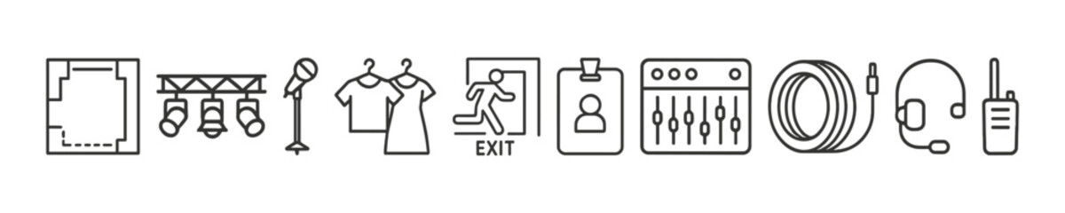 Fototapeta premium Event planning icons: floor plan, lighting, wardrobe, exit, id, sound, cables, communication
