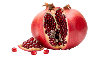 Ripe red pomegranate fruit with arils and a slice cut open revealing seeds isolated on transparent background
