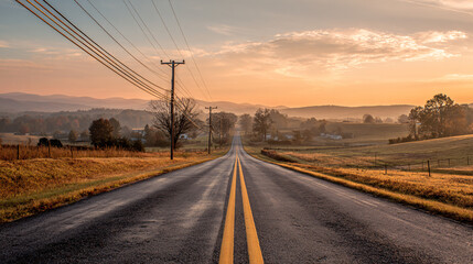 Serene country road stretches towards misty mountains at golden sunrise