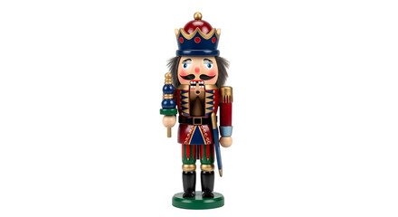 Traditional wooden nutcracker soldier with colorful uniform and crown isolated on transparent background