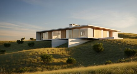 Modern house on a grassy hill at sunset under a clear blue sky