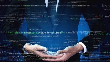 A businessman in a suit elegantly holds a digital interface filled with code symbols, illustrating the intersection of technology and innovation in today software landscape. Xenic
