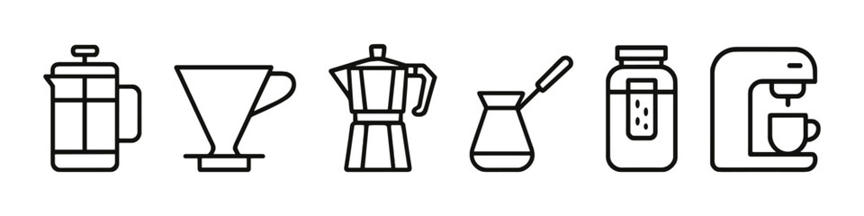 Fototapeta premium Outline icons of coffee brewing methods: french press, pour over, moka pot, turkish pot, instant coffee, espresso machine