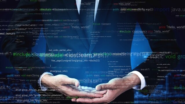 A businessman in a suit elegantly holds a digital interface filled with code symbols, illustrating the intersection of technology and innovation in today software landscape. Xenic