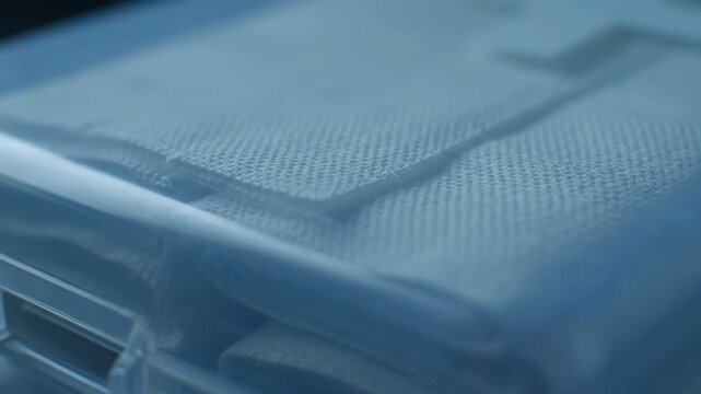 Plastic container with fabric folds, close-up perspective