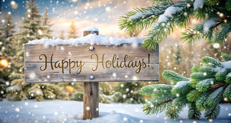 Wooden sign with Happy Holidays text on snowy background