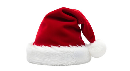 Traditional red and white fluffy santa claus hat with a pom pom isolated on transparent background