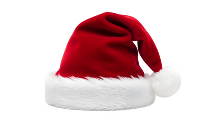 Traditional red and white fluffy santa claus hat with a pom pom isolated on transparent background