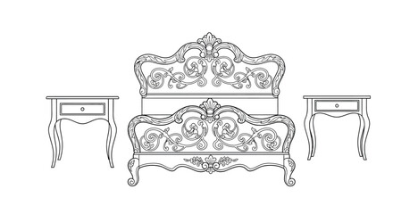 Elegant bedroom furniture set featuring ornate bed and matching nightstands