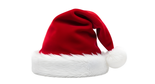 Traditional red and white fluffy santa claus hat with a pom pom isolated on transparent background