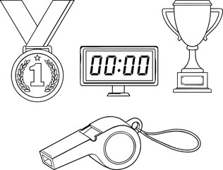 Sports competition icons, gold medal, trophy, digital timer, whistle, achievement symbols, vector line art, black and white illustration