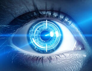 A close-up shot of a blue human eye with circular tech overlay and blue light flares enhancing its sci-fi futuristic style