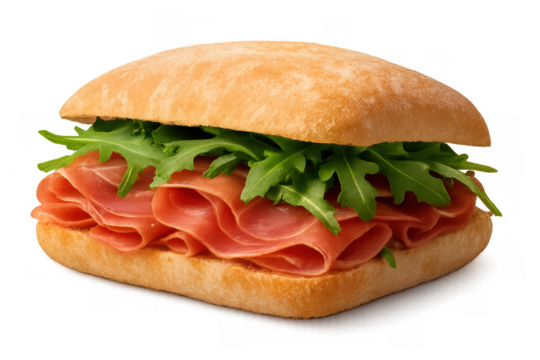 Ciabatta sandwich with fresh prosciutto and arugula, a delicious italian meal or snack for lunch or dinner