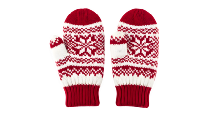 Cozy red and white fair isle knit mittens with snowflake pattern isolated on transparent background