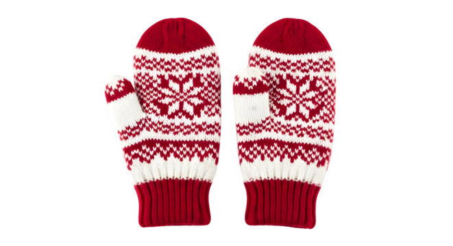 Cozy red and white fair isle knit mittens with snowflake pattern isolated on transparent background