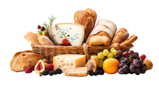 Picnic Basket with Bread, Cheese, and Fruits on transparent background - Powered by Adobe