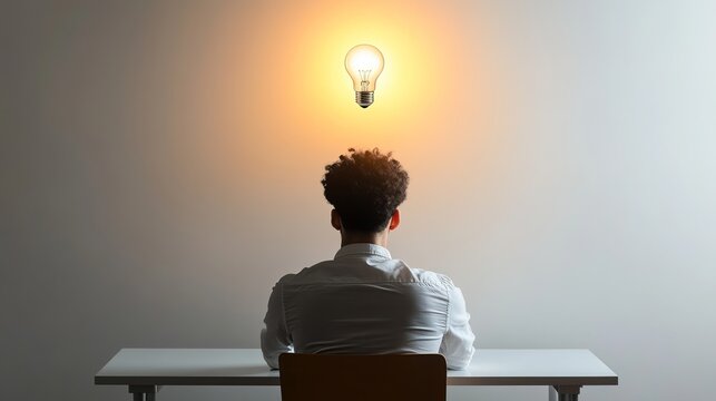 Young Black man contemplating ideas under a glowing light bulb.