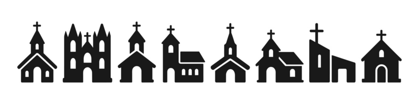 Silhouette collection of various church buildings in black